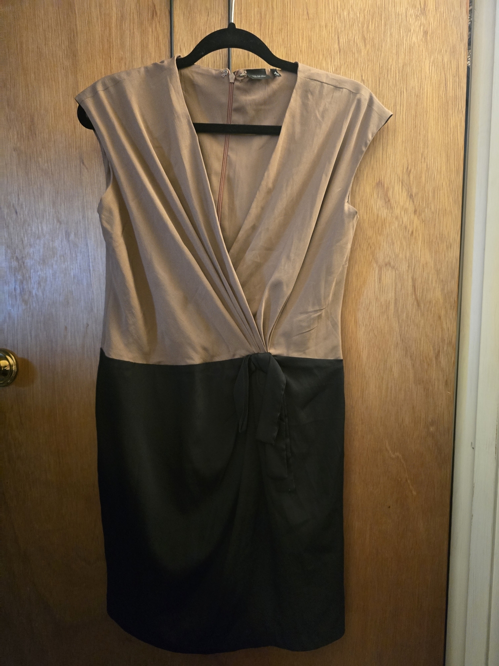 Saks Fifth Avenue Taupe and Black Cap-Sleeve Wrap Sheath Dress